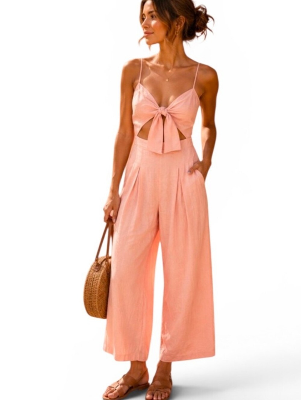 MOON RIVER Peach Tie Front Cut Out Jumpsuit - Medium